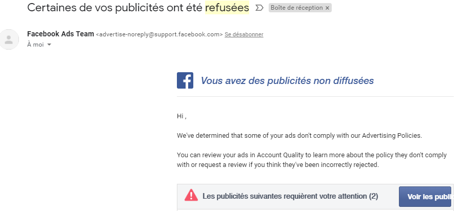 E-mail annonçant qu'une publicité facebook est rejetée