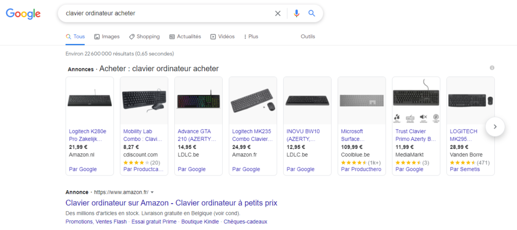 Exemple de publicités dans les moteurs de recherche pour faire connaître un e-commerce