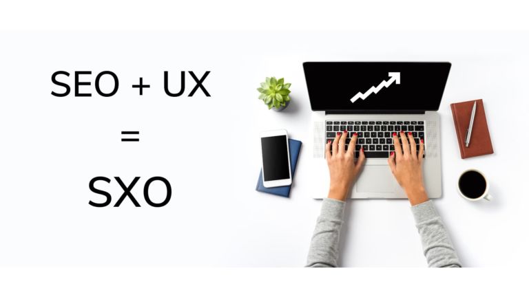 SEO+UX=SXO avec ordinateur et statistiques en hausse