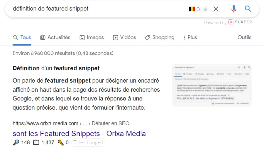 exemple featured snippet avec la définition du featured snippet