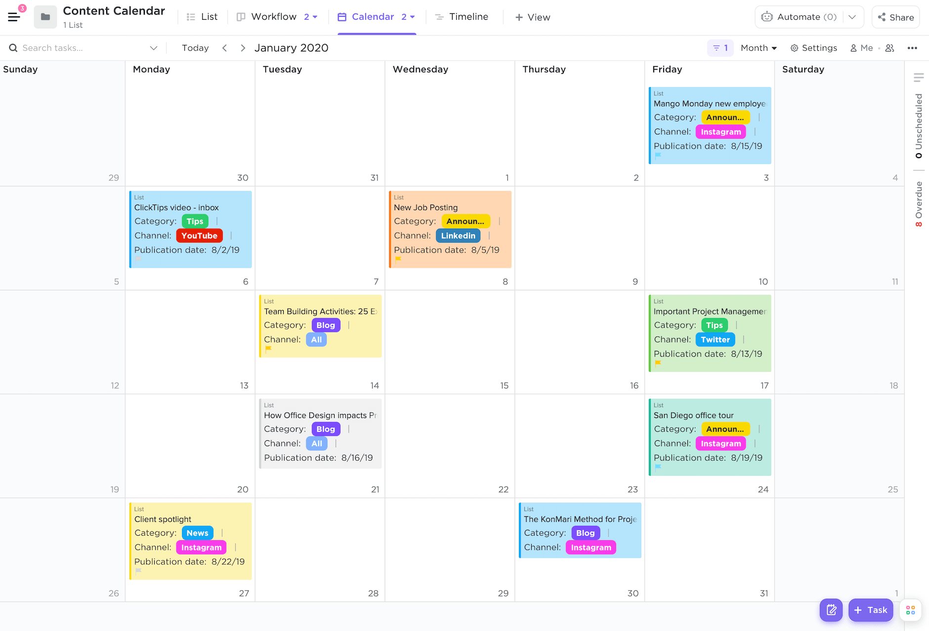 Exemple de calendrier éditorial